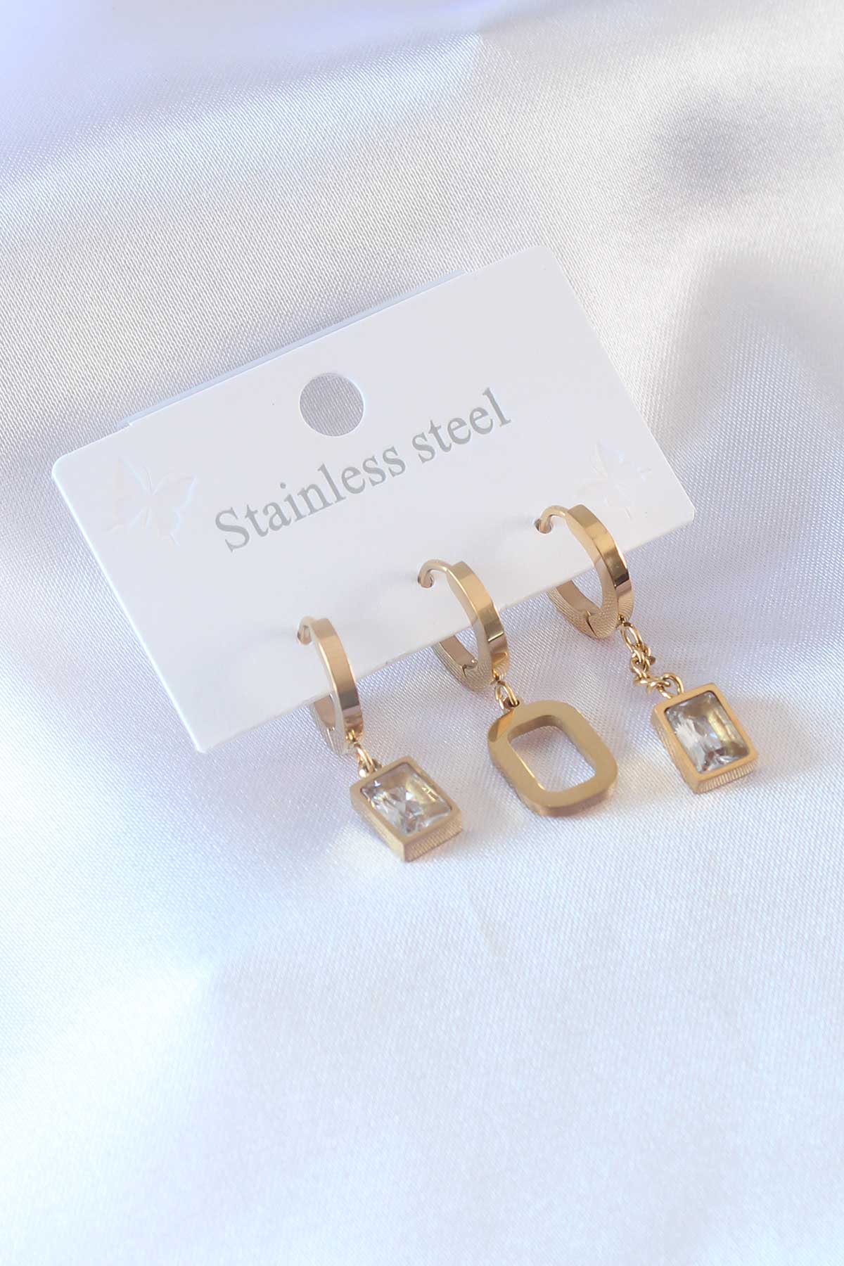 316L Çelik Gold Renk Kare Zirkon Taş Model Kadın Küpe