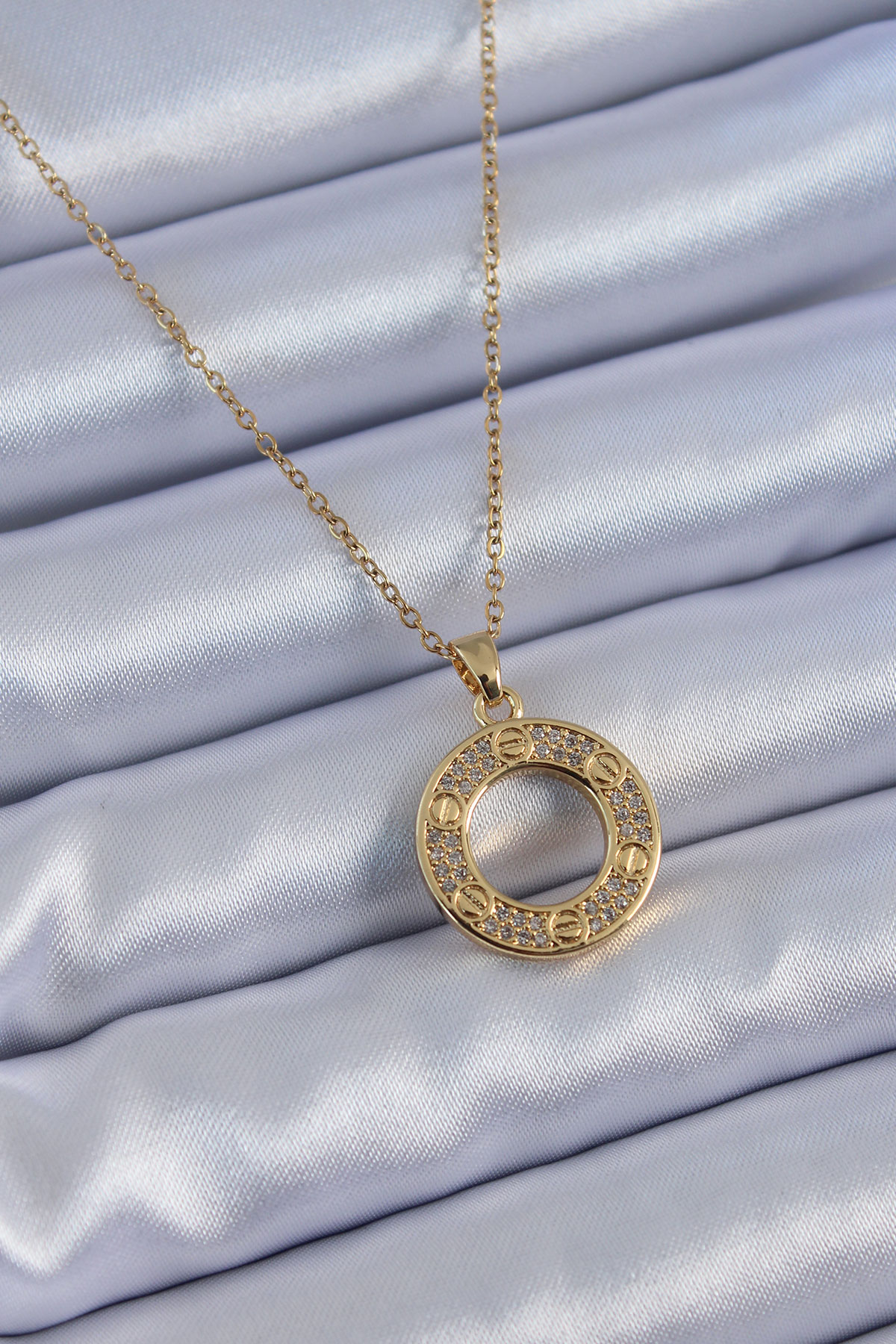 316L Çelik Gold Renk Zirkon Taşlı Model Kadın Kolye