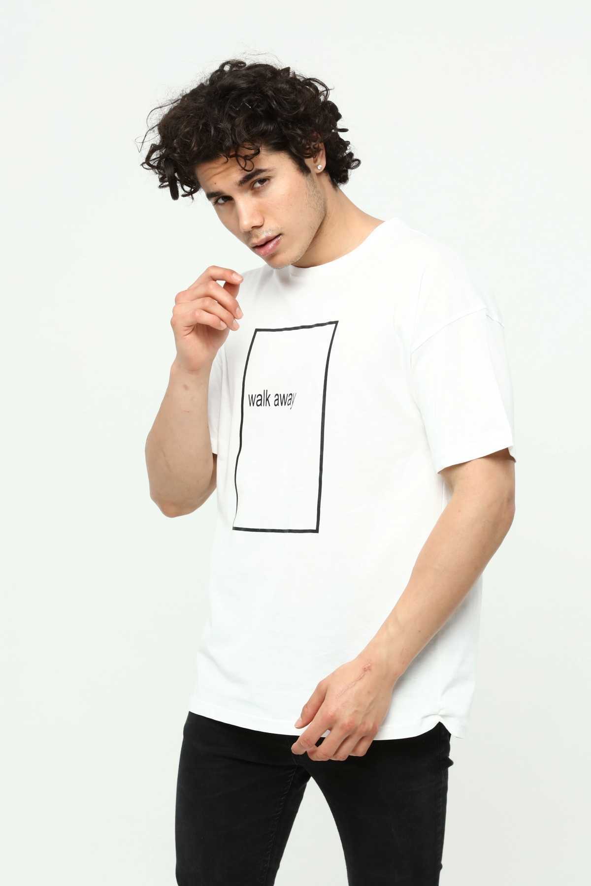 Walk Away Beyaz Erkek Bisiklet Yaka Oversize T-Shirt Çift Taraf Baskılı
