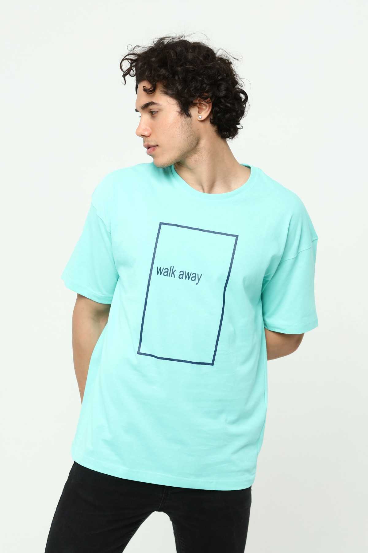 Walk Away Su Yeşili Erkek Bisiklet Yaka Oversize T-Shirt Çift Taraf Baskılı