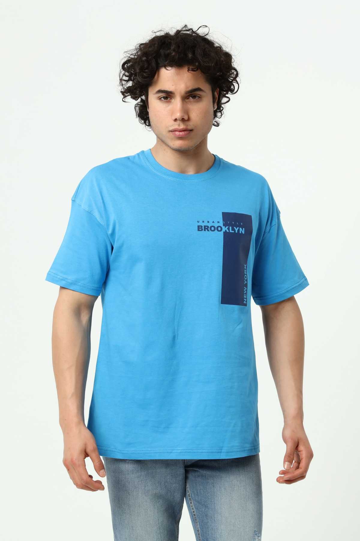 Brooklyn Mavi Erkek Bisiklet Yaka Oversize Kısa Kollu Baskılı T-Shirt