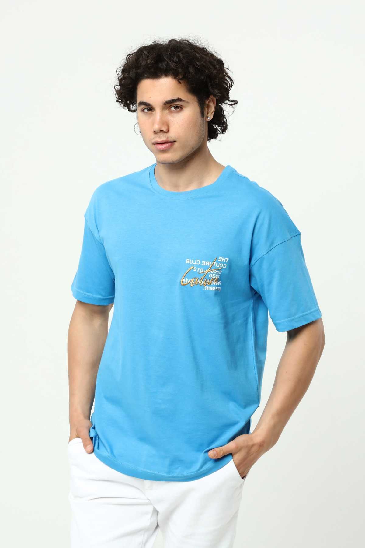 Mavi Erkek Bisiklet Yaka Oversize Kısa Kollu Baskılı Nakış İşlemeli T-Shirt