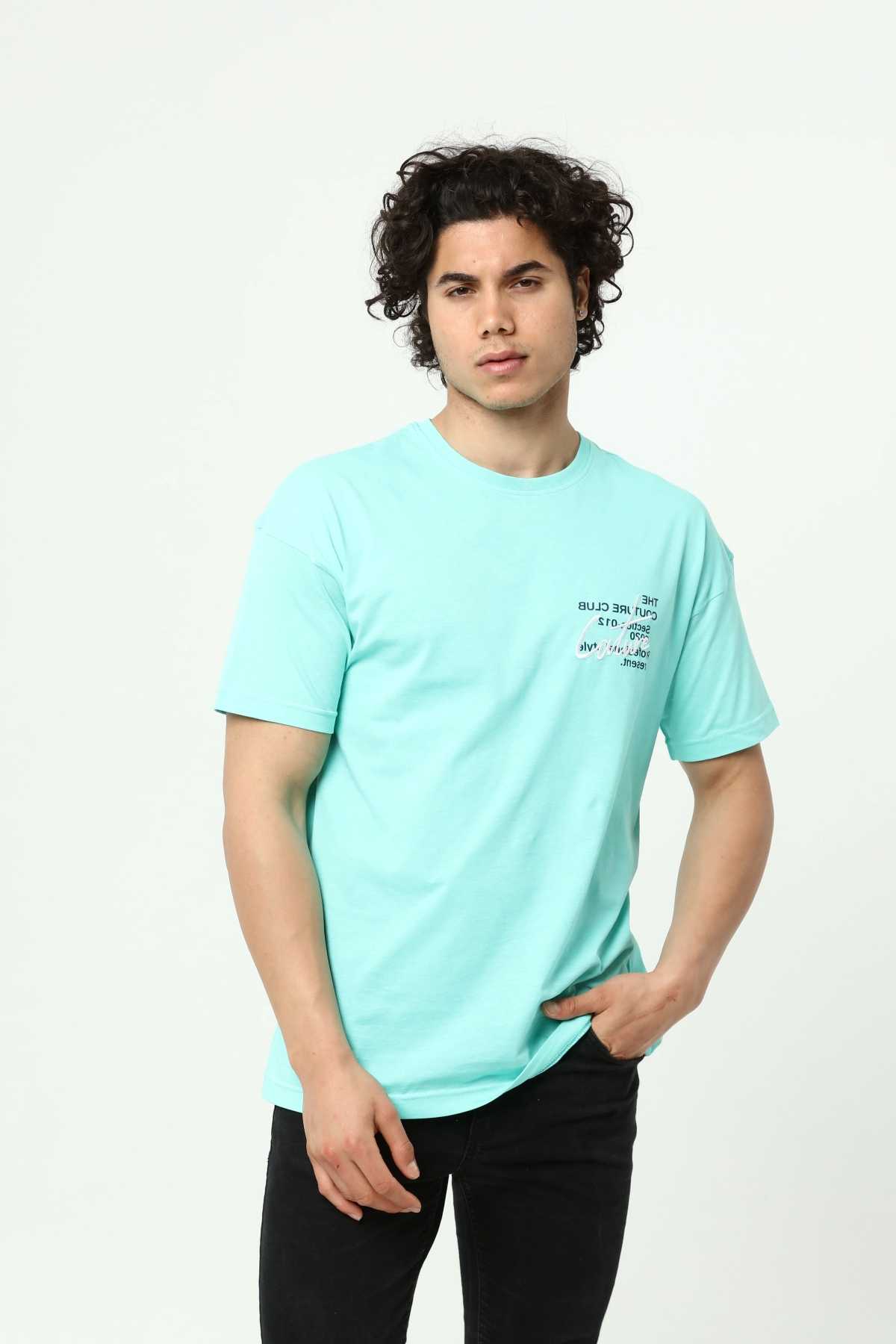Su YeşiliErkek Bisiklet Yaka Oversize Kısa Kollu Baskılı Nakış İşlemeli T-Shirt