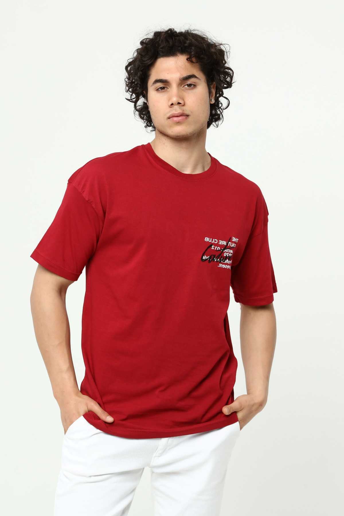 Bordo Erkek Bisiklet Yaka Oversize Kısa Kollu Baskılı Nakış İşlemeli T-Shirt