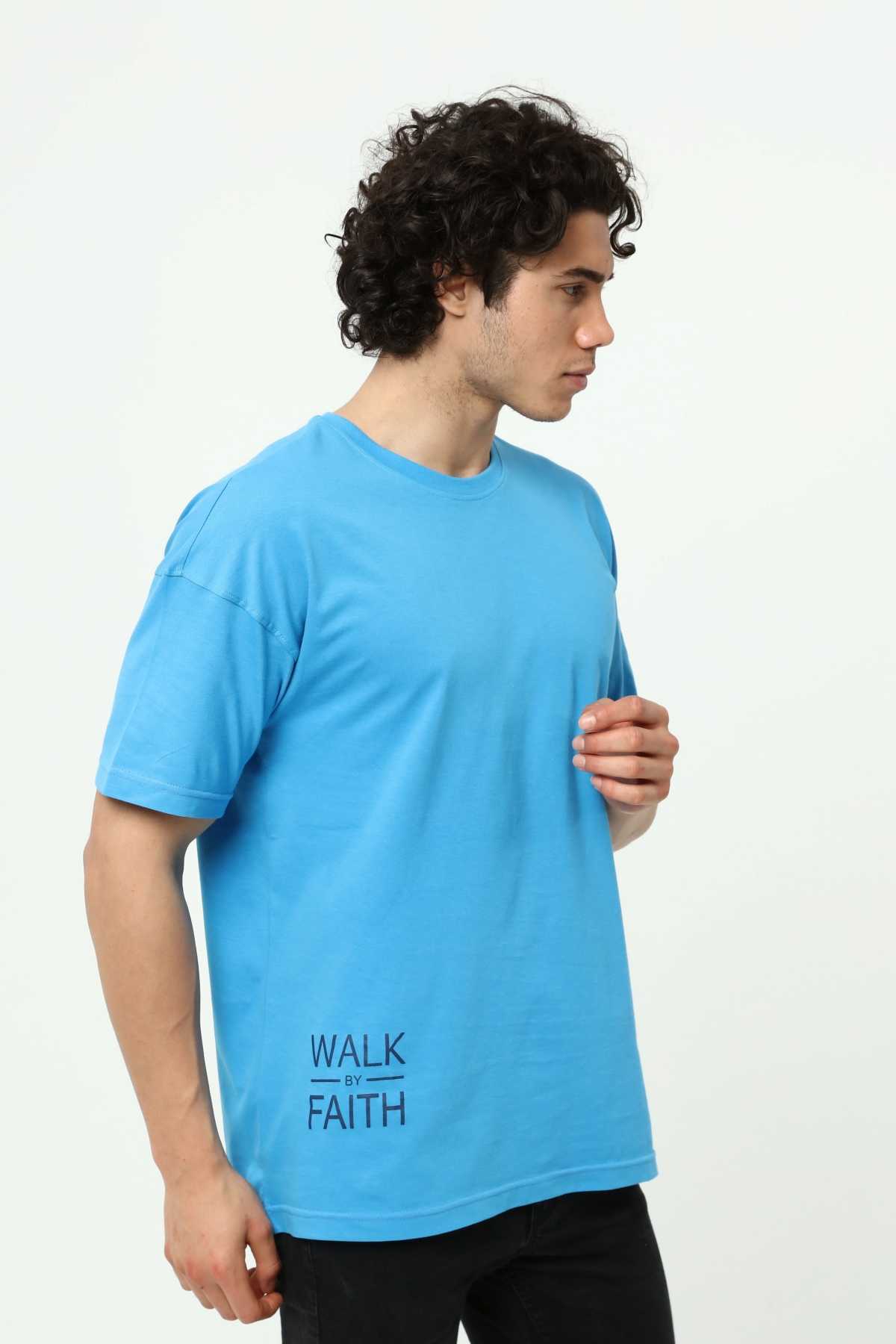 Walk By Faith Baskılı Mavi Erkek Oversize T-Shirt
