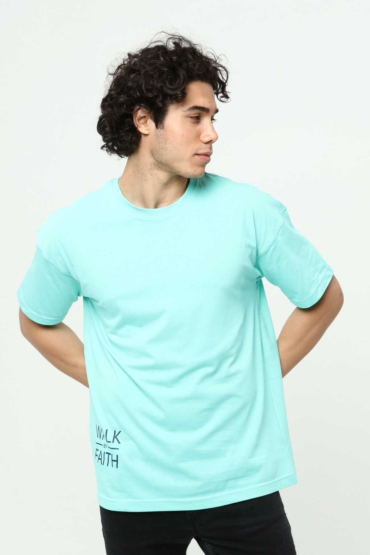 Walk By Faith Baskılı Su Yeşili Erkek Oversize T-Shirt