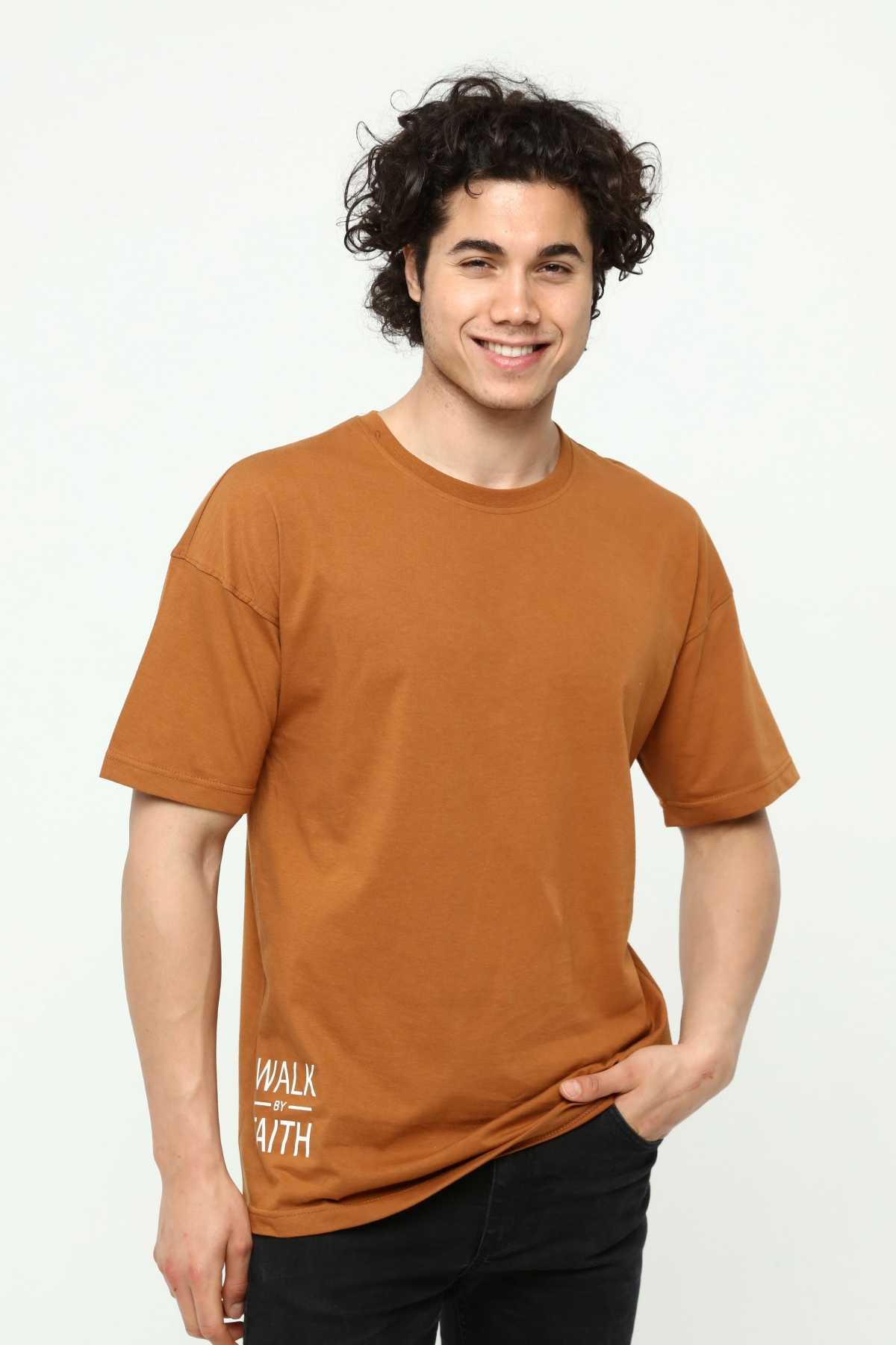 Walk By Faith Baskılı Kahve Erkek Oversize T-Shirt