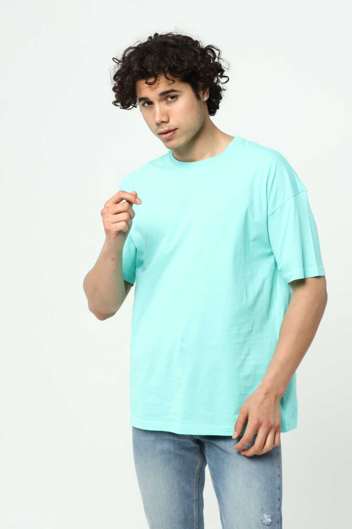 Su Yeşili Erkek Basic Oversize Bisiklet Yaka Kısa Kollu T-Shirt