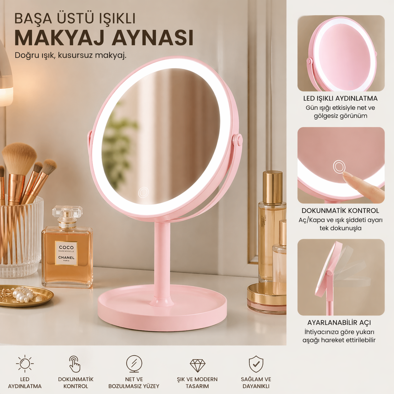 LED Işıklı, Dokunmatik Kontrollü, Masa Üstü Profesyonel Makyaj Aynası